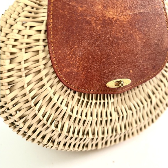 Vintage 50s Art Deco Shell Wicker Leather Basket Bag Retro Rockabilly Pinup Boho - Picture 2 of 11